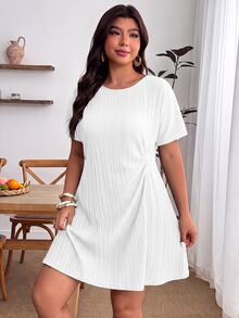 Enliva Plus Size Women Textured Fabric Round Neck Short Sleeve Shirt Dress, White Dress, Suitable For Spring/Summer Wear, St. Patrick's Day Special - White - View 5