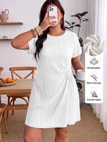 Enliva Plus Size Women Textured Fabric Round Neck Short Sleeve Shirt Dress, White Dress, Suitable For Spring/Summer Wear, St. Patrick's Day Special - White - View 1