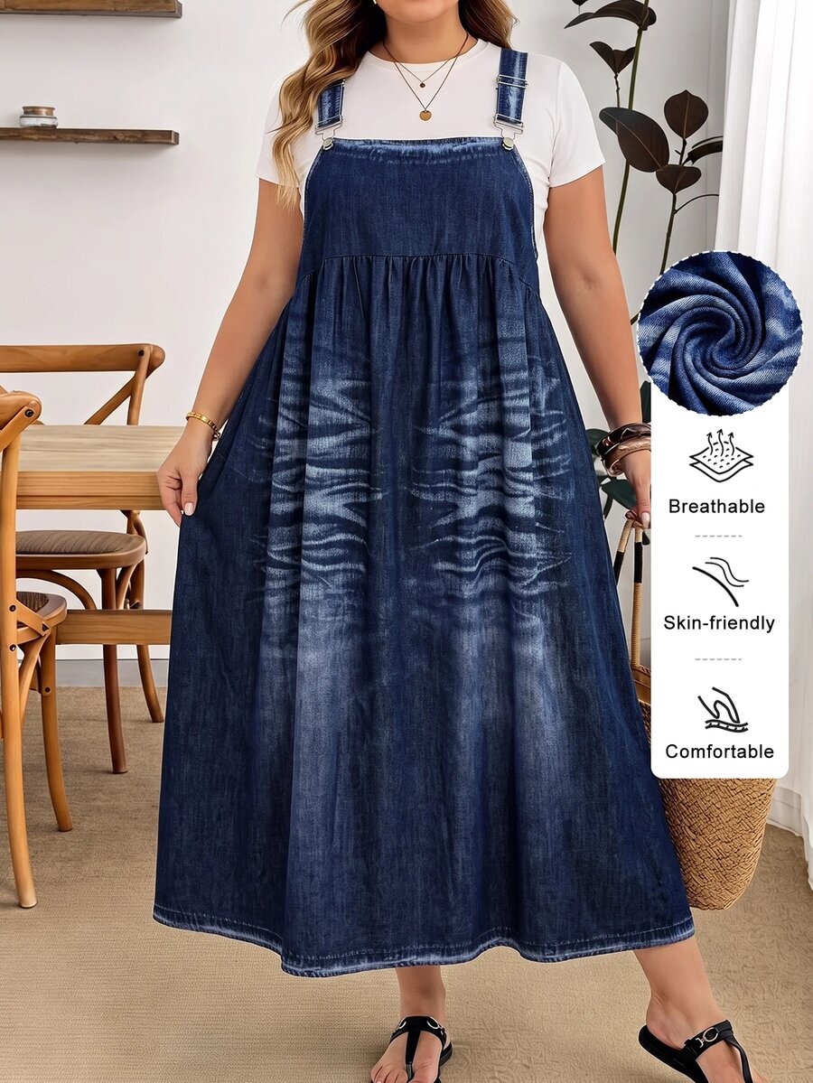 SHEIN CURVE+ Plus Size Blue Wash Print Pinafore Dress, Sleeveless Square Neck Loose Fit Maxi Dres