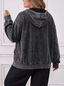 SHEIN CURVE+ 大尺碼前開襟拉鍊式水洗布料長袖運動衫 凱莉綠 休閒 90年代套頭衫 女款萬聖節裝扮 秋季度假 - 黑色 - 查看 3