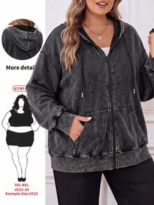 SHEIN CURVE+ 大尺碼前開襟拉鍊式水洗布料長袖運動衫 凱莉綠 休閒 90年代套頭衫 女款萬聖節裝扮 秋季度假 - 黑色 - 查看 13