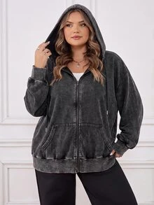 SHEIN CURVE+ 大尺碼前開襟拉鍊式水洗布料長袖運動衫 凱莉綠 休閒 90年代套頭衫 女款萬聖節裝扮 秋季度假 - 黑色 - 查看 7