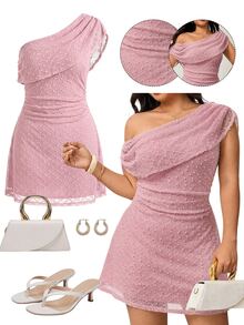 Enliva Plus-Size Spring/Summer New Elegant Asymmetrical Shoulder Short-Sleeved Pleated Knit Dress, Casual And Versatile Party Dress, One-Shoulder Dress, Cream-Colored Dress, Short A-Line Dress. - Pink - View 10
