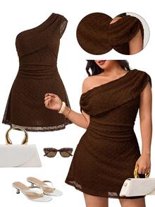 Enliva Plus-Size Spring/Summer Elegant Sexy Asymmetrical Shoulder Short-Sleeved Pleated Knit Dress, Casual Versatile Party Dates Cocktail Brown Short A-Line - Brown - View 2
