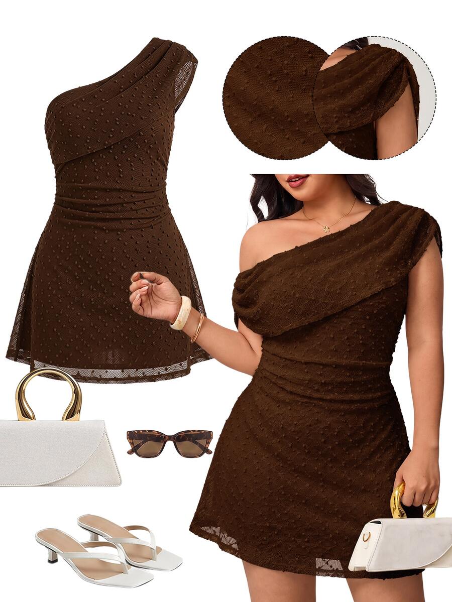 Enliva Plus-Size Spring/Summer Elegant Sexy Asymmetrical Shoulder Short-Sleeved Pleated Knit Dress, Casual Versatile Party Dates Cocktail Brown Short A-Line
