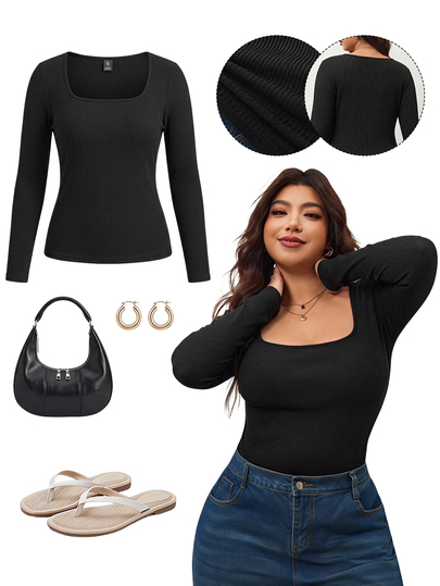 Enliva Damen-T-Shirt in großen Größen, hoch elastisch, figurbetonend, mit quadratischem Ausschnitt und langen Ärmeln, hautfreundlich, schwarz, smart Lässig, für den Alltag, geeignet für rundliche Körperformen