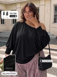SHEIN CURVE+ 大尺碼露肩蝙蝠袖運動衫，寬鬆長袖休閒套頭上衣，秋冬大尺碼上衣 5XL-8XL - 黑色 - 查看 3