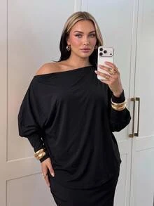 SHEIN CURVE+ 大尺碼露肩蝙蝠袖運動衫，寬鬆長袖休閒套頭上衣，秋冬大尺碼上衣 5XL-8XL - 黑色 - 查看 7