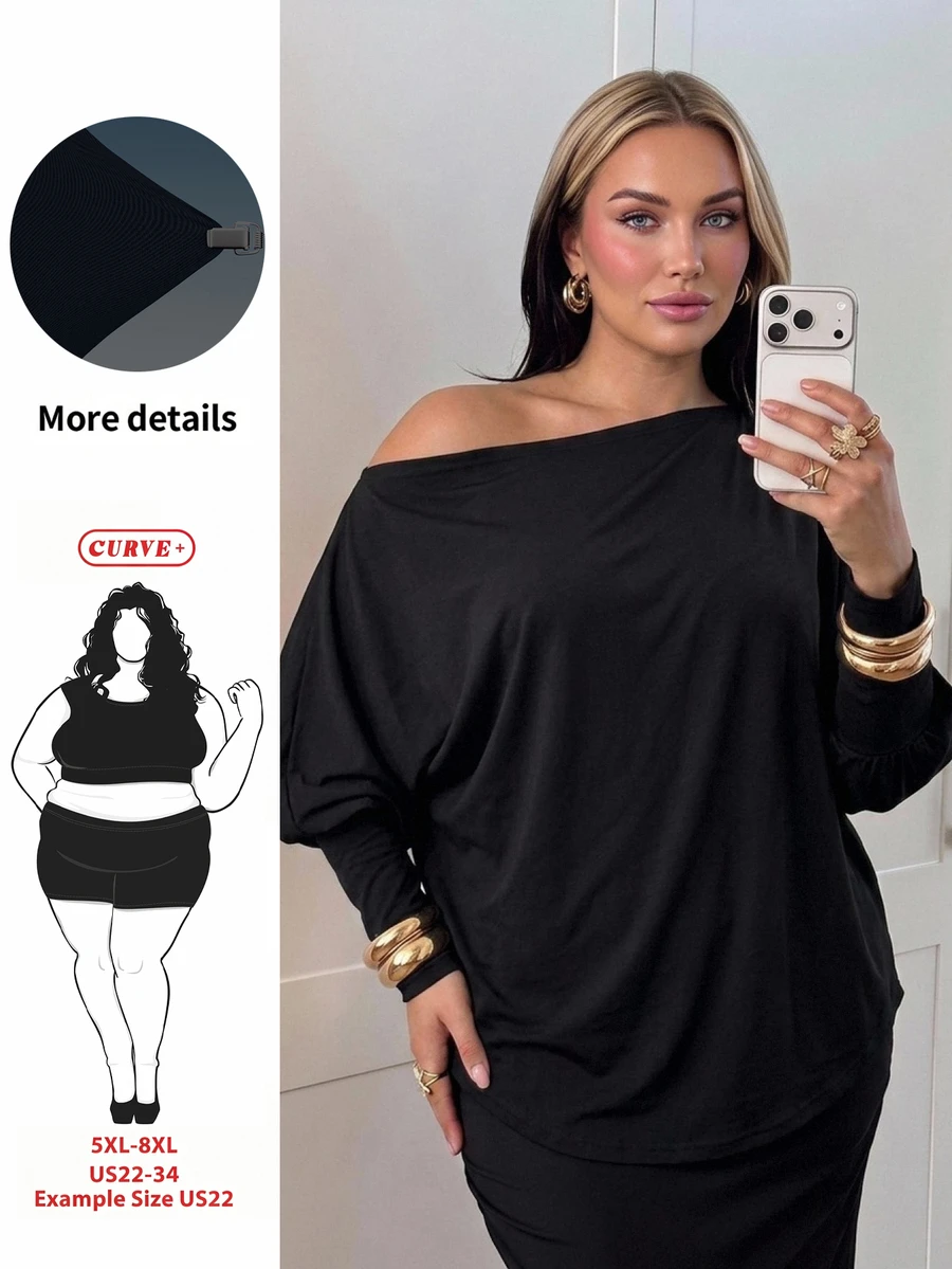 SHEIN CURVE+ 大尺碼露肩蝙蝠袖運動衫，寬鬆長袖休閒套頭上衣，秋冬大尺碼上衣 5XL-8XL