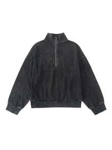 SHEIN 青少年女孩秋季套裝 1/4 拉鍊寬鬆運動衛衣與運動長褲套裝 寬鬆版型 返校季休閒街頭風學生裝 深灰色 - 黑色 - 查看 4