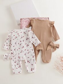 SHEIN 2套新生兒可追溯棉質長袖連身衣與髮帶2件套，針織面料，可愛風格，四季穿著，可愛花卉數位印花圖案，新生兒最佳禮物 - 彩色 - 查看 4