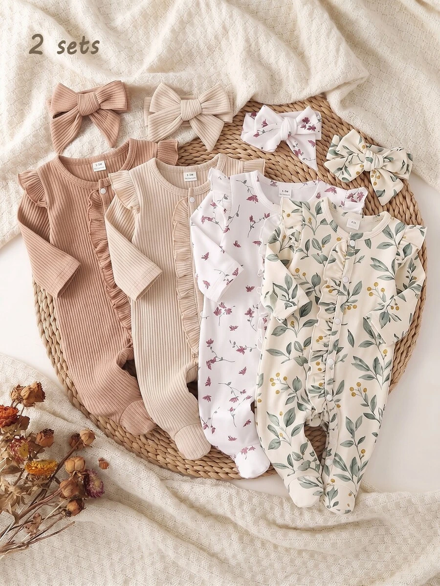 SHEIN 2套新生兒可追溯棉質長袖連身衣與髮帶2件套,針織面料,可愛風格,四季穿著,可愛花卉數位印花圖案,新生兒最佳禮物 - 彩色 - 查看 1