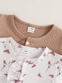 SHEIN 2套新生兒可追溯棉質長袖連身衣與髮帶2件套，針織面料，可愛風格，四季穿著，可愛花卉數位印花圖案，新生兒最佳禮物 - 彩色 - 查看 5