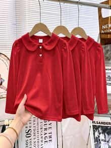 SHEIN 女童紅色3件組長袖 Polo 衫，彼得潘領精緻愛心鈕扣，基礎純色，校園聖誕秋季可愛學院風 - 紅色 - 查看 7