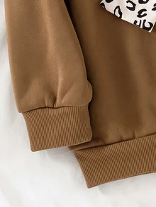SHEIN Young Girl Autumn Winter Fleece Warm Sweatshirt Leopard Print Big Bow Decor Casual Pullover - Brown - View 5