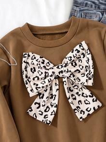 SHEIN Young Girl Autumn Winter Fleece Warm Sweatshirt Leopard Print Big Bow Decor Casual Pullover - Brown - View 6