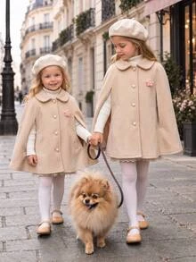 SHEIN Elladie kids معطف نسائي بأسلوب سيدة مع تفاصيل كيب وشال بأزرار وتصميم مرقع بلون الجمل، مناسب للخريف والهالوين والكريسماس - بيج - مشاهدة 10