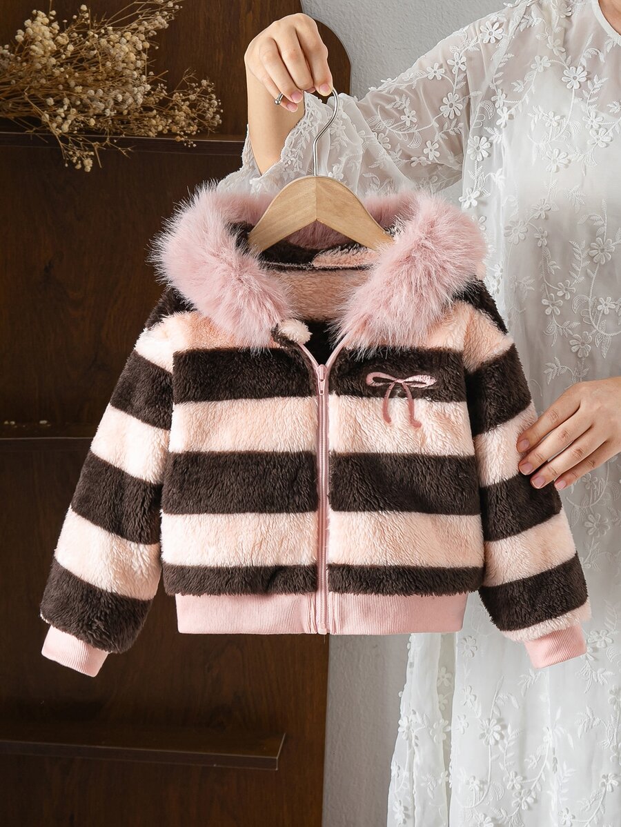 SHEIN Girls' Simple Pink & Brown Wide Striped Plush Hooded Jacket, Autumn/Winter Cardigan,Coat ,Winter&Autumn - Multicolor - View 1