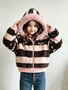SHEIN Girls' Simple Pink & Brown Wide Striped Plush Hooded Jacket, Autumn/Winter Cardigan,Coat ,Winter&Autumn - Multicolor - View 6