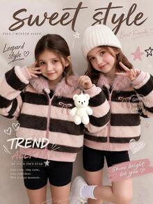 SHEIN Girls' Simple Pink & Brown Wide Striped Plush Hooded Jacket, Autumn/Winter Cardigan,Coat ,Winter&Autumn - Multicolor - View 3