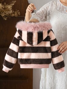 SHEIN Girls' Simple Pink & Brown Wide Striped Plush Hooded Jacket, Autumn/Winter Cardigan,Coat ,Winter&Autumn - Multicolor - View 2