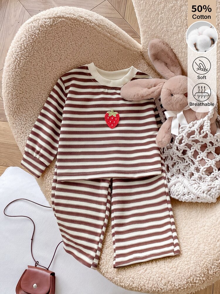 SHEIN 2Pcs Baby Girls Autumn Winter Striped Outfit, Strawberry Patch Long Sleeve Ribbed Top & Pants Set, Casual Soft Toddler Clothes - Multicolor - View 3