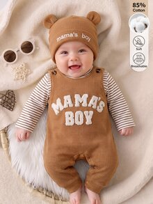 SHEIN Bộ 2 món cho bé trai sơ sinh: romper kẻ sọc thêu chữ phong cách thường ngày dễ thương + jumpsuit + mũ gấu, phù hợp mặc hàng ngày mùa thu/đông - màu nâu - Xem 7