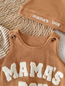 SHEIN Bộ 2 món cho bé trai sơ sinh: romper kẻ sọc thêu chữ phong cách thường ngày dễ thương + jumpsuit + mũ gấu, phù hợp mặc hàng ngày mùa thu/đông - màu nâu - Xem 9