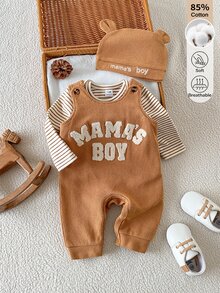 SHEIN Bộ 2 món cho bé trai sơ sinh: romper kẻ sọc thêu chữ phong cách thường ngày dễ thương + jumpsuit + mũ gấu, phù hợp mặc hàng ngày mùa thu/đông - màu nâu - Xem 1