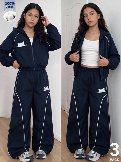 SHEIN 3Pcs Tween Girls Navy Back To School Blue Striped Trim Hooded Zip-Up Jacket, Tank Top & Loose Set