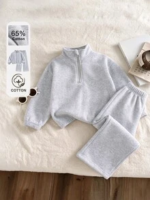 SHEIN 女童 2 件組秋季保暖內裡運動套裝，半拉鍊小立領上衣與寬腿長褲，棉混紡，兒童聖誕套裝 - 淺灰色 - 查看 5