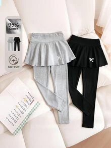 SHEIN Tween Girls Spring Clothing Fall Clothes Summer Casual Cute All-Match Versatile Ballet Sports Bow Skirt Leggings, - Multicolor - View 4
