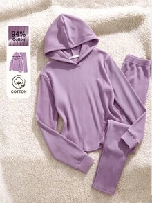 SHEIN 青少年女孩針織羅紋連帽不對稱下擺T恤與內搭褲2件套，紫色，秋季，校園/夜晚/Alt風格 - 粉色 - 查看 4
