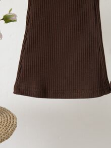 SHEIN مجموعة ملابس خريفية للبنات من قطعتين، ملابس علوية بياقة وهمية غير متماثل & بنطال واسع، محبوك مضلع، بني، ملابس عيد الميلاد للبنات الصغيرات - بني - مشاهدة 13