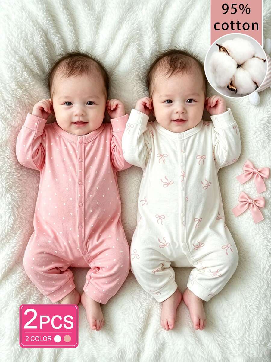 SHEIN 新生女嬰 2 件套套裝，秋季甜美可愛針織棉蝴蝶結圖案長袖連身衣，棉質嬰兒拍照服裝 白色/米白色