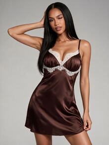 Silforma Women's Lace Patchwork Casual Daily Summer Home Camisole Nightgown - Brown - View 3