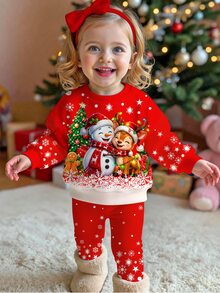 Baby Girl Cute Adorable Christmas Reindeer And Snowman Pattern, Gradient Polka Dot Snowflake, Christmas Red, Soft Thick Crew Neck Long Sleeve Sweatshirt And Leggings, Suitable For Autumn/Winter, New Fall Styles, Chic, Fall Sets - Multicolor - View 2