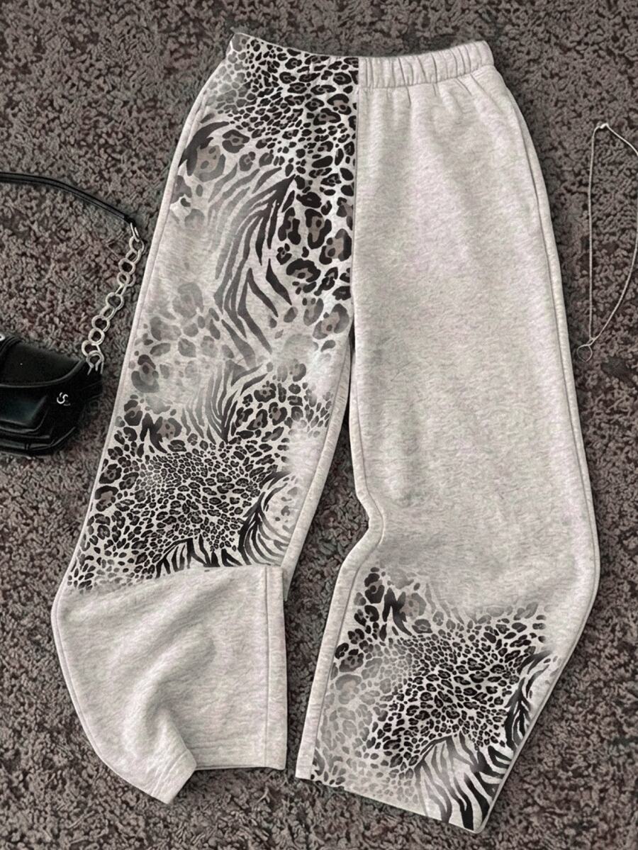 Tween Girls Leopard Print Streetwear Low Waist Sweatpants, Casual Joggers, Back To School - Grey - View 1