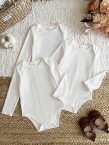 SHEIN 3-Piece Baby Girl Bodysuit Set, Solid White, Warm And Comfortable, Suitable For Autumn And Winter, Long-Sleeved,3 Random Pieces - White - View 5