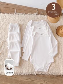 SHEIN 3-Piece Baby Girl Bodysuit Set, Solid White, Warm And Comfortable, Suitable For Autumn And Winter, Long-Sleeved,3 Random Pieces - White - View 3