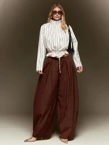 Hauture Fashion Casual Streetwear Minimalist Solid Color Straight Leg Loose Fit Women's Long Pants - Rust Brown - View 5