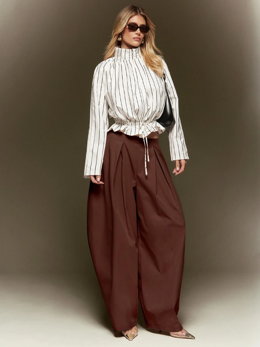 Hauture Fashion Casual Streetwear Minimalist Solid Color Straight Leg Loose Fit Women's Long Pants - Rust Brown - View 1