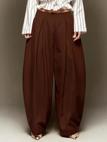 Hauture Fashion Casual Streetwear Minimalist Solid Color Straight Leg Loose Fit Women's Long Pants - Rust Brown - View 2