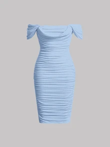 Skyraze Vestido Elegante Ajustado Con Volantes Y Hombros Descubiertos Para Mujer - Celeste - Ver 3