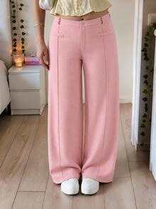 SHEIN MOD Plus Solid Seam Front Wide Leg Pants Fall - Pink - View 4