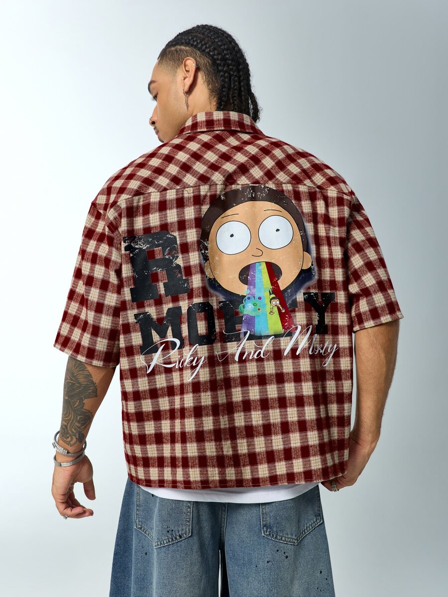 Rick and Morty X SHEIN Men's Plaid Letter Cartoon Pattern Casual Daily Short Sleeve Shirt - Red - View 1