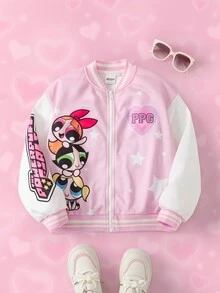 THE POWERPUFF GIRLS X SHEIN Tween Girl Star Print Zipper Front Baseball Jacket - Pink - View 3
