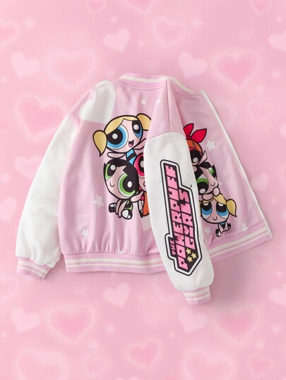 THE POWERPUFF GIRLS X SHEIN Tween Girl Star Print Zipper Front Baseball Jacket