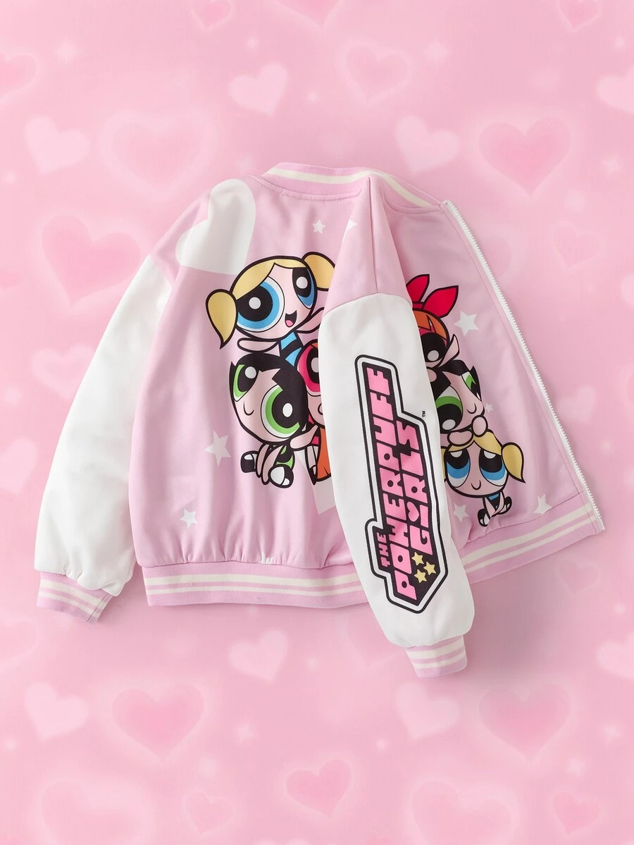 THE POWERPUFF GIRLS X SHEIN Tween Girl Star Print Zipper Front Baseball Jacket - Pink - View 1