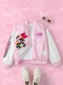 THE POWERPUFF GIRLS X SHEIN Tween Girl Star Print Zipper Front Baseball Jacket - Pink - View 4